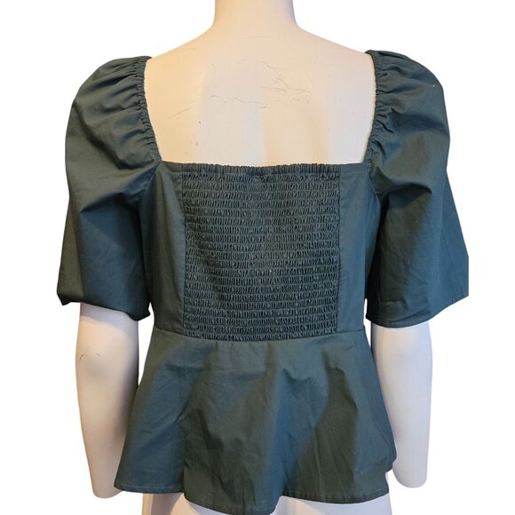 2/$35-Gap Sweetheart Button Front Peplum Blouse Puff Sleeves Womens M Petite - Picture 3 of 8